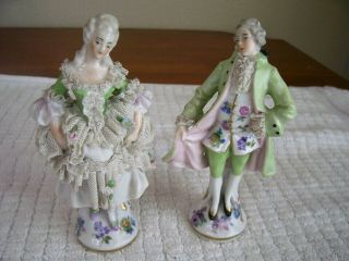 German Dresden Porcelain Lace Figurine Antique Couple Germany - 5.  5 " Tall -