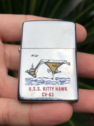 Antique 1973 Zippo Lighter - Uss Kitty Hawk Cv - 63 Us Military Ship
