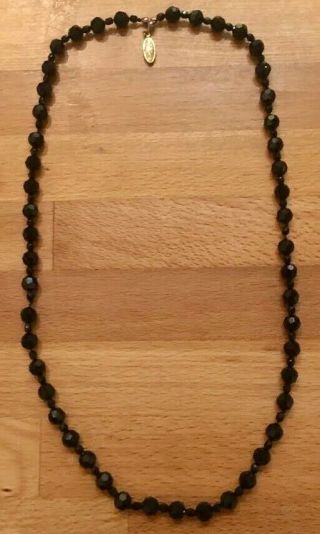 Antique Mourning Black Hand Crafted Glass Bead 25 " Flapper Necklace - 925 Clasp