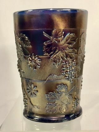 Antique Dugan 1910 Floral & Grape Carnival Glass Cobalt Blue Tumbler Vintage Cup