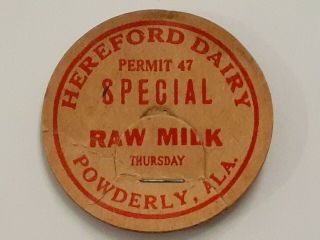 Rare Vintage Hereford Dairy Powderly Alabama Al Milk Bottle Paper Cap