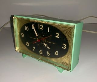 Gilbert Mid - Century Alarm Clock Rare Jadite Green with Gold and Black Face 2