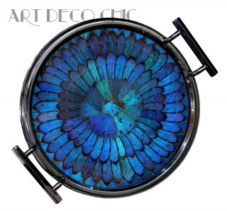 Very Rare 1930’s Art Deco Morpho Butterfly Wing Glass & Chrome Cocktail Bar Tray