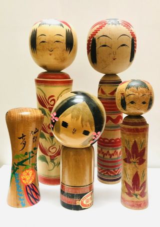 Kokeshi Japanese Doll Vintage Antique Japan 5 Set Wood H17 - 21 Taketoshi