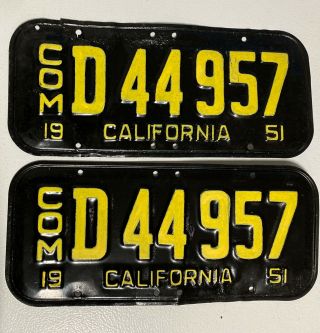 Rare Commercial Pair 1951 Dmv Clear Com.  D44957 California License Plate Vintage