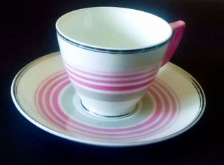 Mintons - Cup And Saucer Set - Pink And White Stripes With Silver Rim Art Deco