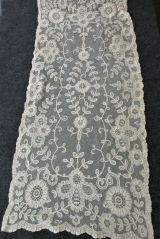 Vintage Embroidered French Net Boudoir Dresser Scarf.  Floral Antique White