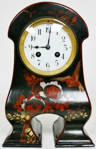 Rare Antique French 8 Day Hand Black Lacquered Japanesque Style Mantle Clock