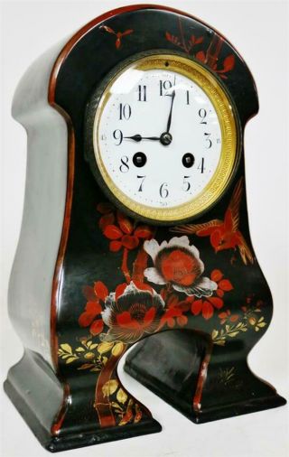 Rare Antique French 8 Day Hand Black Lacquered Japanesque Style Mantle Clock 2