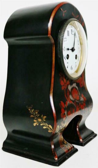 Rare Antique French 8 Day Hand Black Lacquered Japanesque Style Mantle Clock 3