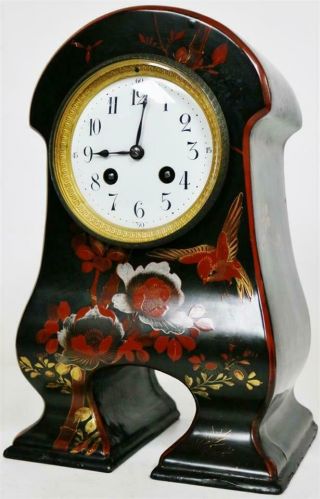 Rare Antique French 8 Day Hand Black Lacquered Japanesque Style Mantle Clock 5