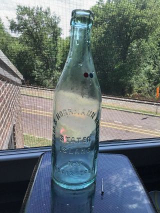 Antique Staten Island Crown Top Beer Bottle Rubsam Horrmann Brewing Aqua 9”