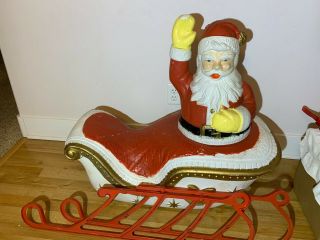 Vtg Rare Poloron Santa Sleigh & 2 Reindeer Lighted Blow Mold Christmas Decor