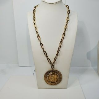 Vintage HUGE RARE ROMAN COIN Gold Tone Chain Necklace 2