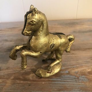 Vintage Cast Iron Horse Coin Bank Painted Gold Antique