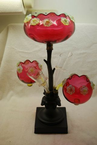 Rare Victorian Cranberry Vaseline Opalescent Applied Flower Epergne 1880s