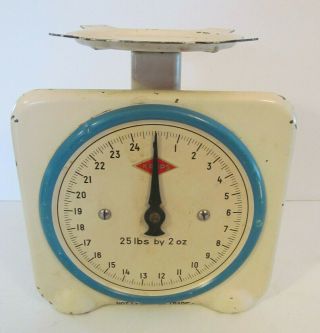 Vintage Krups Kitchen Scale White With Blue Mid Century 25lb X 2oz German Made