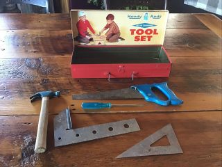 Vintage Antique Handy Andy Tool Set Metal Box W/ 5 Tools Blue Diamond Skil Craft