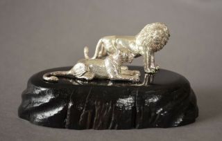 Rare Patrick Mavros 4 3/4 " Sterling Silver Lion And Lioness Sculpture On Ebony