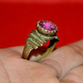 Ancient Medieval Bronze Ring With Fuchsia Color Stone Circa 14th/15th Century Ad