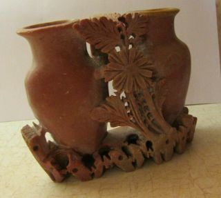 Vintage Antique Chinese Carved Soapstone Vase Flower Pots Pencil Holder Carving