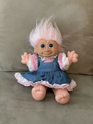 Vintage Russ Large Troll Doll In Outfit Pink Hair,  Blue Eyes