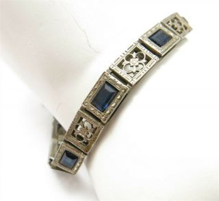 Antique Simmons Sterling Silver Blue Glass Filigree Link Bracelet 6 "