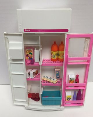 Vintage 1994 Mattel Barbie Doll Kitchen Refrigerator With Food Groceries
