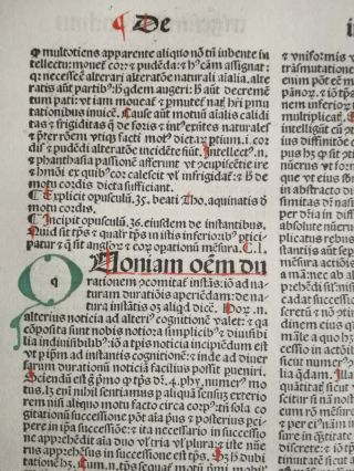 Rubricated Incunable Leaf Folio Thomas Aquinas Opuscula (34) - 1490