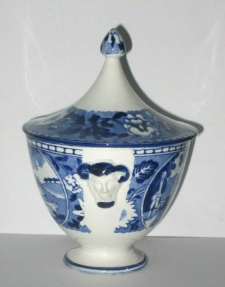 Vintage Blue & White Porcelain Sugar Bowl Satyr Head Relief Sheep Herder