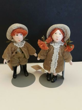 Vtg Set Of 2 Small Dolls Handmade By Cecily 1982 Boy And Girl W/stands