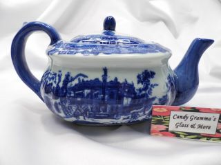 Large Antique Victoria Ware Ironstone Teapot Flow Blue & White