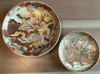 2 Antique Japanese Satsuma Hand Painted Samurai Decorated Plate Dish Bowl Signed