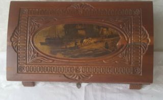 Vintage Hand Carved Cedar Wood Trinket Jewelry Box Victorian Scene Chest &mirror