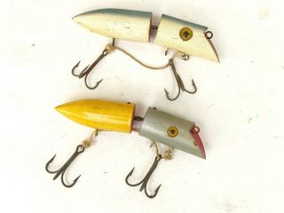 X2 Vintage Martin Jointed Wood Glass Eye Salmon Plug Fishing Lure