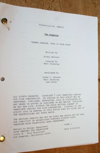 The Simpsons Rare Tv Series Show Script Episode This Is Your Wife