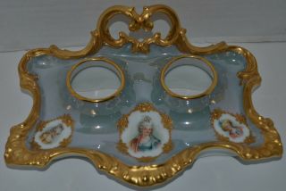 19th Century Antique Dresden Porcelain Inkwell Tray Hand Painted Portraits Rare