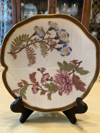 Antique Royal Worcester Floral & Gold Blush Ivory Leaf Shaped Plate C.  1887