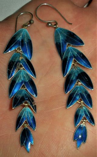 Antique C.  1930 Sterling Silver & Blue Enamel Drop Earrings Vafo