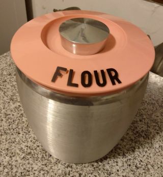 Rare Vintage 1950s Kromex Spun Aluminum Flour Canister With Pink Lid
