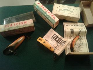 Three Vintage Helin Flatfish Lures With Boxes And Paper Catalogs In Two