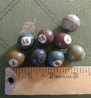 8 Vintage Antique Miniature Pool Balls 0.  75 " Carrom Billiard Bakelite 3/4 In