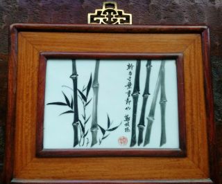 Antique Or Vintage Chinese Painted Porcelain Tile Plaque Bamboo In Wood Frame