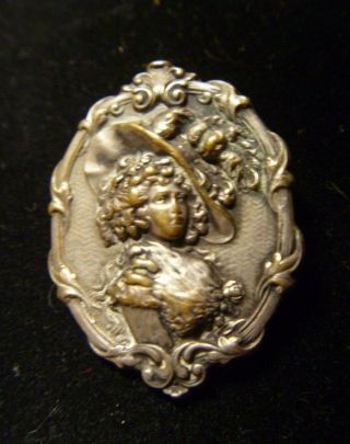 Antique Victorian Art Nouveau Lady With Hat Metal Brooch Pin
