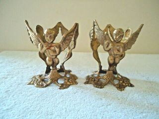 Vintage Set Of 2 Brass Angel Themed Candle / Cup Holders " Rare Set "