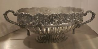 Large Metal Pewter Bowl W/ Decorative Handles On Pestle Base (hand Made India)