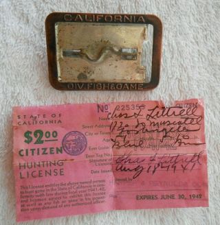 Vtg.  Hunting & Fishing License Pin Badge California Fish & Game 1942