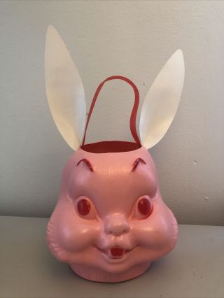 Vintage Plastic Blow Mold Pink Bunny Rabbit Easter Basket Rare Kitsch 1950 