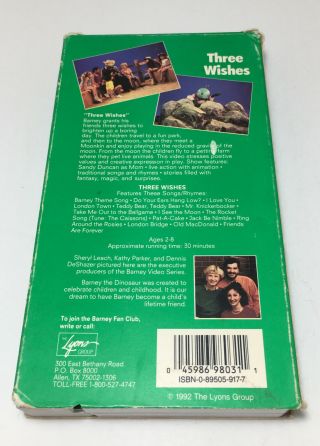 Barney Three Wishes (VHS 1992) Backyard Gang - RARE WHITE TAPE & BOX EDITION 2