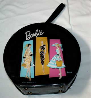 Vintage Barbie Doll Black Travel Case Round 1961 Storage Hat Box Accessory Rare